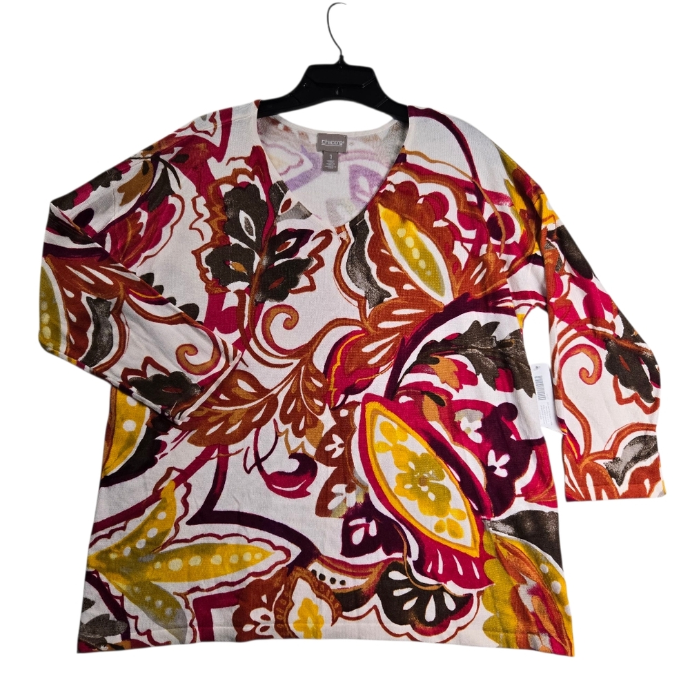 Chico's Watercolor Floral V-Neck Knit Sweater Touch of‎ Cashmere